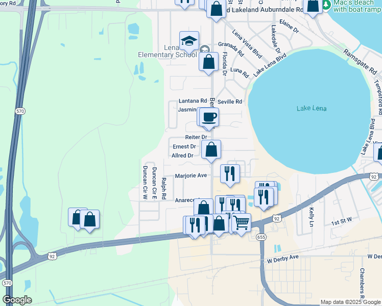 map of restaurants, bars, coffee shops, grocery stores, and more near 3011 Ernest Drive in Auburndale