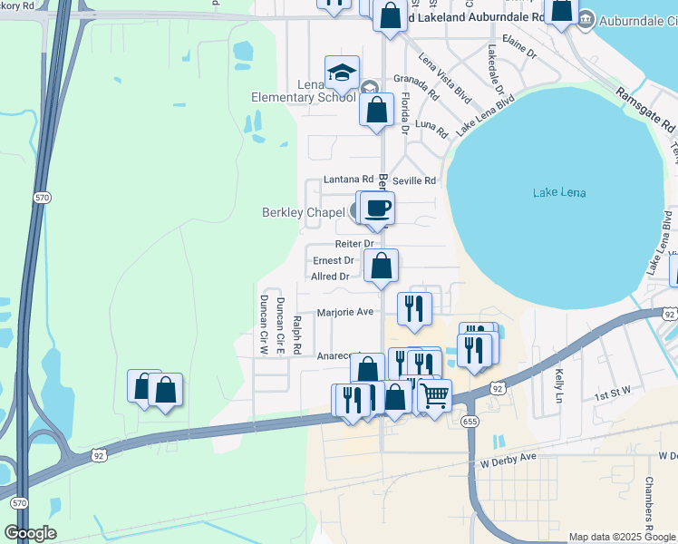 map of restaurants, bars, coffee shops, grocery stores, and more near 3011 Ernest Drive in Auburndale