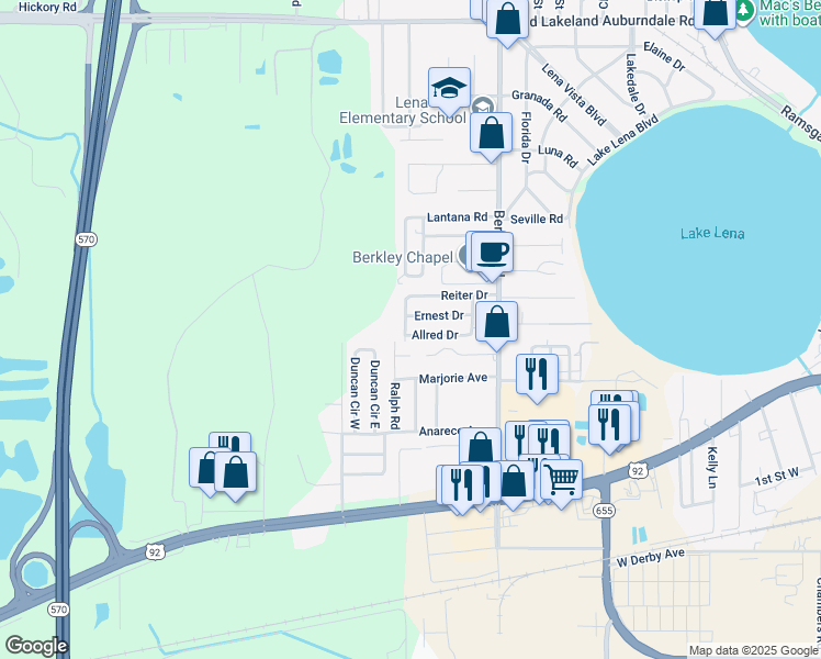 map of restaurants, bars, coffee shops, grocery stores, and more near 3021 Ernest Drive in Auburndale