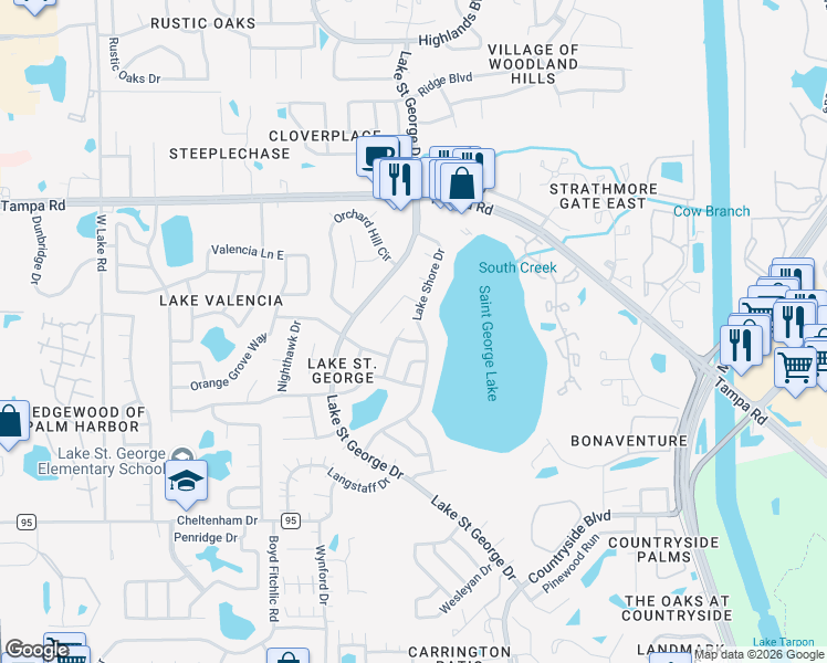 map of restaurants, bars, coffee shops, grocery stores, and more near 3903 Lake Shore Drive in Palm Harbor
