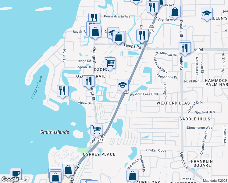 map of restaurants, bars, coffee shops, grocery stores, and more near 755 Florida Avenue in Palm Harbor