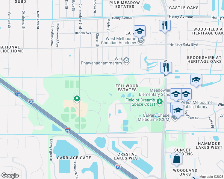 map of restaurants, bars, coffee shops, grocery stores, and more near 3390 Fell Road in Melbourne