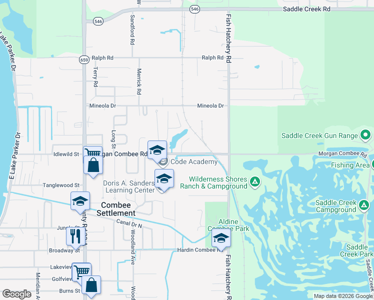 map of restaurants, bars, coffee shops, grocery stores, and more near 3016 Morgan Combee Road in Lakeland
