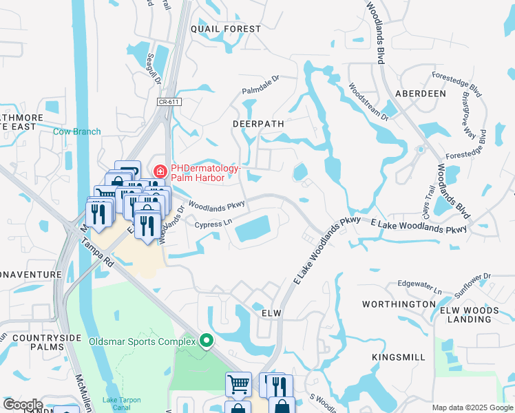 map of restaurants, bars, coffee shops, grocery stores, and more near 122 Cypress Lane in Oldsmar