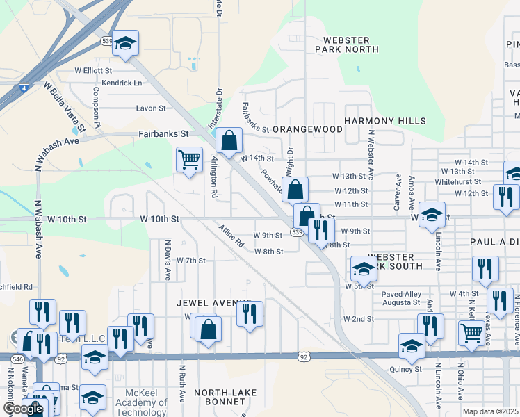 map of restaurants, bars, coffee shops, grocery stores, and more near 1411 Connestee Road in Lakeland