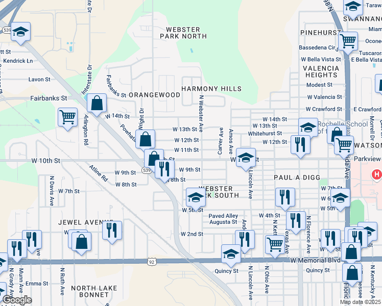 map of restaurants, bars, coffee shops, grocery stores, and more near 1022 West 12th Street in Lakeland