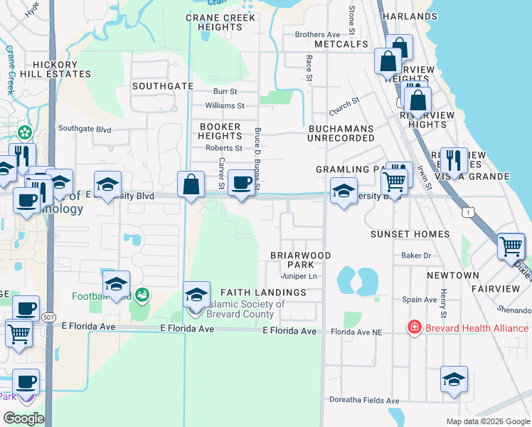 map of restaurants, bars, coffee shops, grocery stores, and more near 713 East University Boulevard in Melbourne