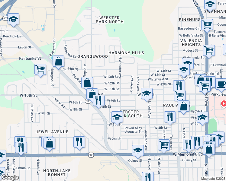 map of restaurants, bars, coffee shops, grocery stores, and more near 1022 West 12th Street in Lakeland