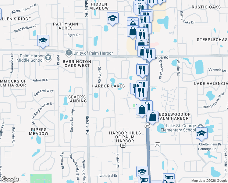 map of restaurants, bars, coffee shops, grocery stores, and more near 400 Lakeview Terrace in Palm Harbor