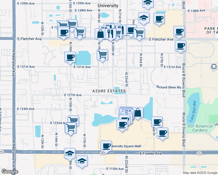 map of restaurants, bars, coffee shops, grocery stores, and more near 12726 North 20th Street in Tampa