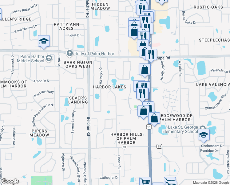 map of restaurants, bars, coffee shops, grocery stores, and more near 400 Lakeview Terrace in Palm Harbor