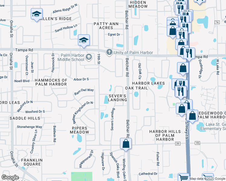 map of restaurants, bars, coffee shops, grocery stores, and more near 2039 Swan Lane in Palm Harbor