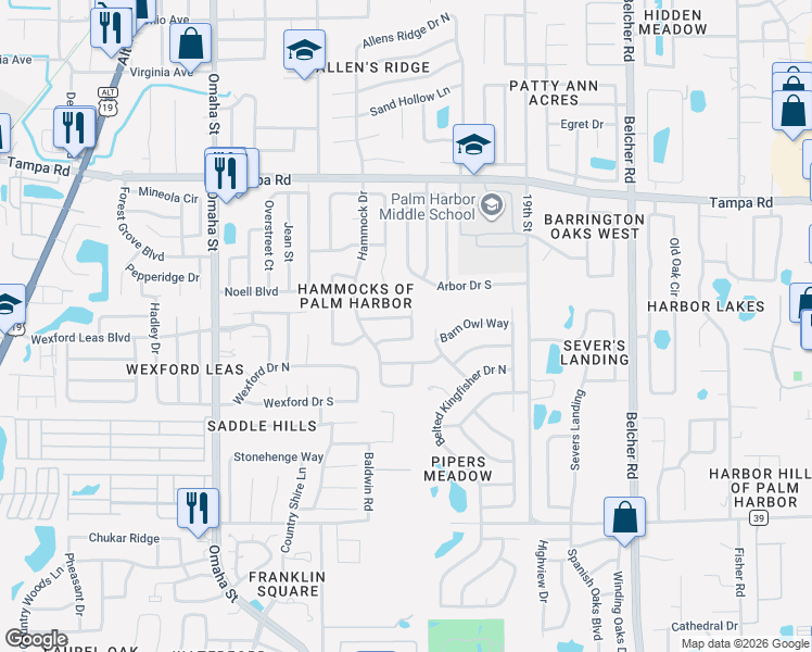 map of restaurants, bars, coffee shops, grocery stores, and more near 1667 Spottswood Circle in Palm Harbor