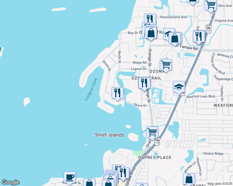 map of restaurants, bars, coffee shops, grocery stores, and more near 201 South Street in Palm Harbor