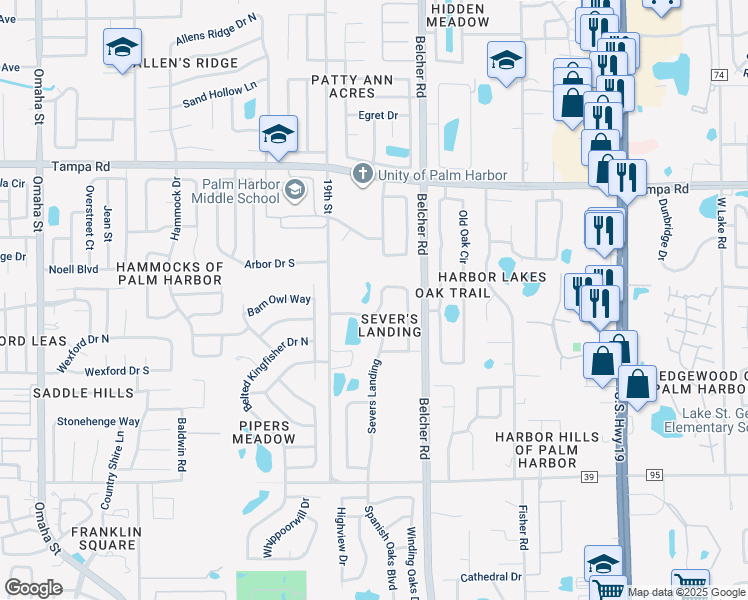 map of restaurants, bars, coffee shops, grocery stores, and more near 2039 Swan Lane in Palm Harbor