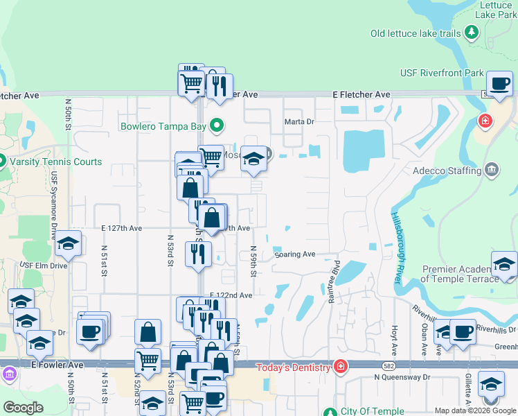 map of restaurants, bars, coffee shops, grocery stores, and more near 12803 Real Madrid Lane in Tampa
