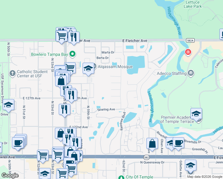 map of restaurants, bars, coffee shops, grocery stores, and more near 6101 Rain Hollow Court in Tampa