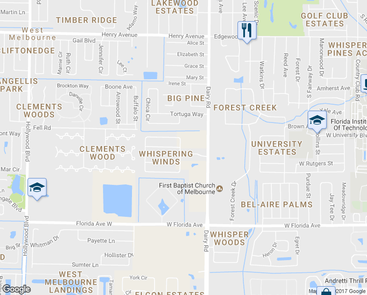 map of restaurants, bars, coffee shops, grocery stores, and more near 3655 Soft Breeze Circle in Melbourne