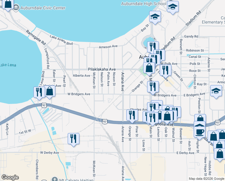 map of restaurants, bars, coffee shops, grocery stores, and more near 221 Noxon Street in Auburndale