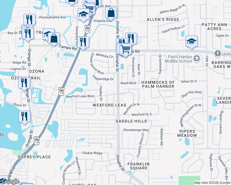 map of restaurants, bars, coffee shops, grocery stores, and more near 360 Fernshire Court in Palm Harbor