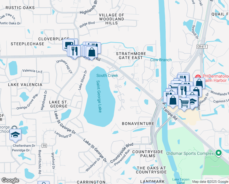 map of restaurants, bars, coffee shops, grocery stores, and more near 3975 Country Place Lane in Palm Harbor