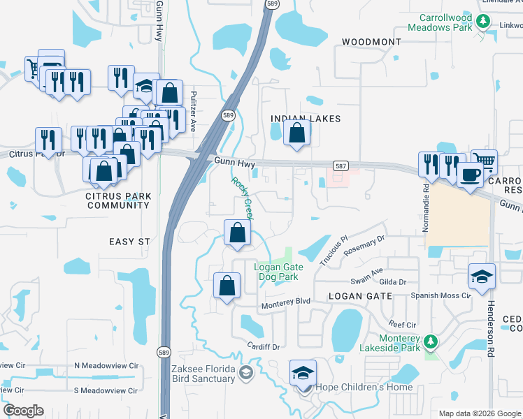 map of restaurants, bars, coffee shops, grocery stores, and more near 6732 Rocky Park Street in Tampa