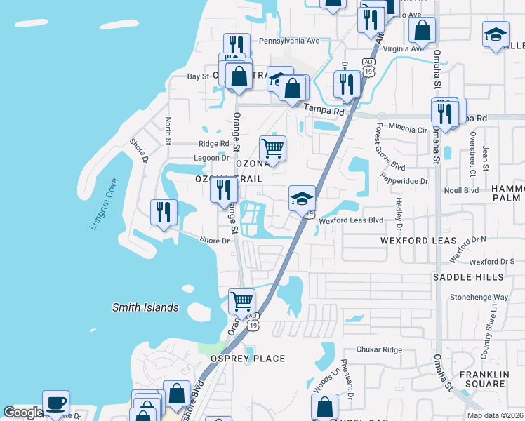 map of restaurants, bars, coffee shops, grocery stores, and more near U.S. 19 Alternate in Palm Harbor
