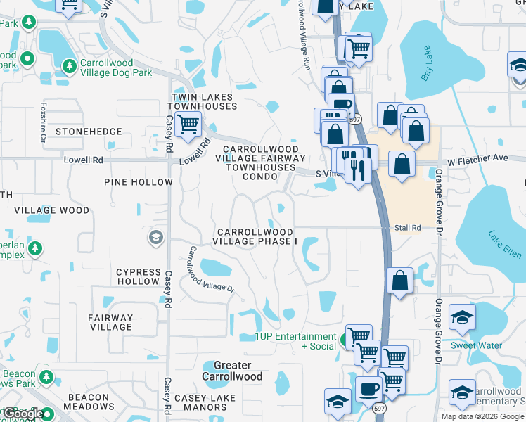 map of restaurants, bars, coffee shops, grocery stores, and more near 13357 Golf Crest Circle in Tampa