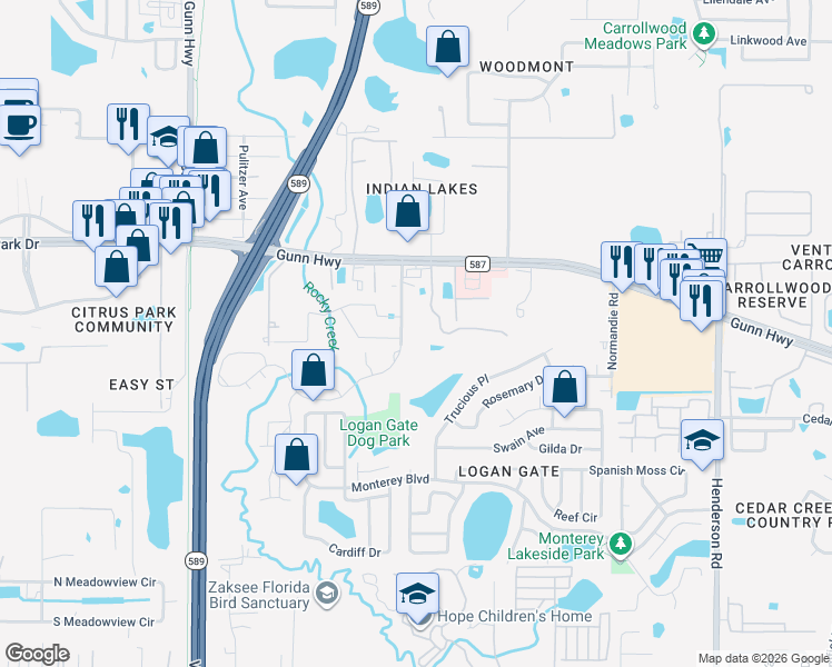 map of restaurants, bars, coffee shops, grocery stores, and more near 12843 Olive Jones Road in Tampa