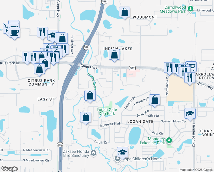 map of restaurants, bars, coffee shops, grocery stores, and more near 6630 Citrus Creek Lane in Tampa