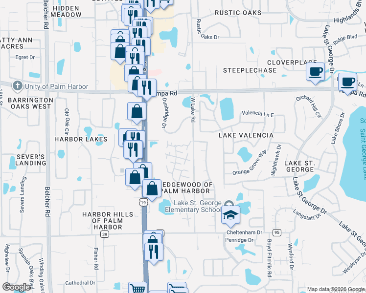 map of restaurants, bars, coffee shops, grocery stores, and more near 2717 14th Court in Palm Harbor