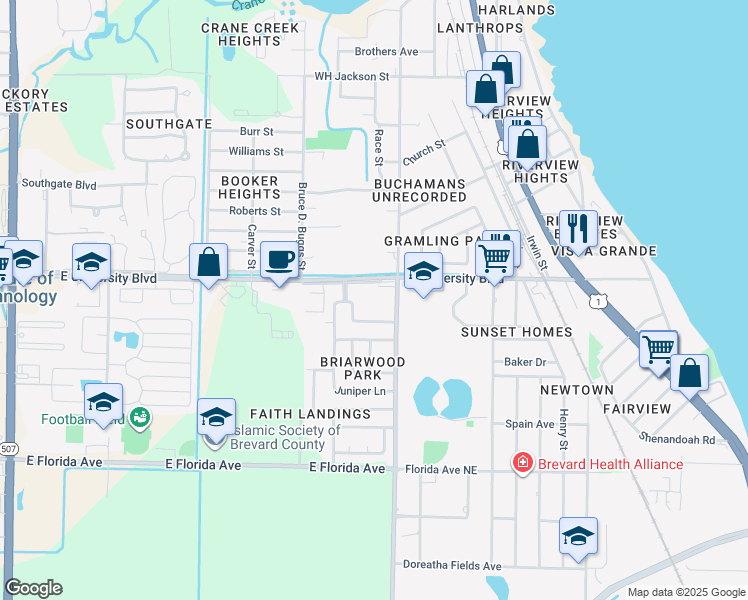 map of restaurants, bars, coffee shops, grocery stores, and more near 833 East University Boulevard in Melbourne