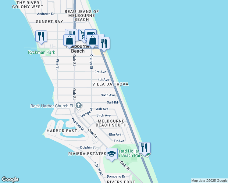 map of restaurants, bars, coffee shops, grocery stores, and more near 201 5th Avenue in Melbourne Beach