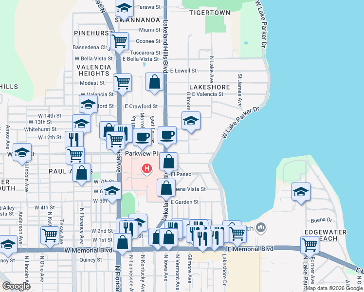 map of restaurants, bars, coffee shops, grocery stores, and more near 611 Julius T Horny Drive in Lakeland