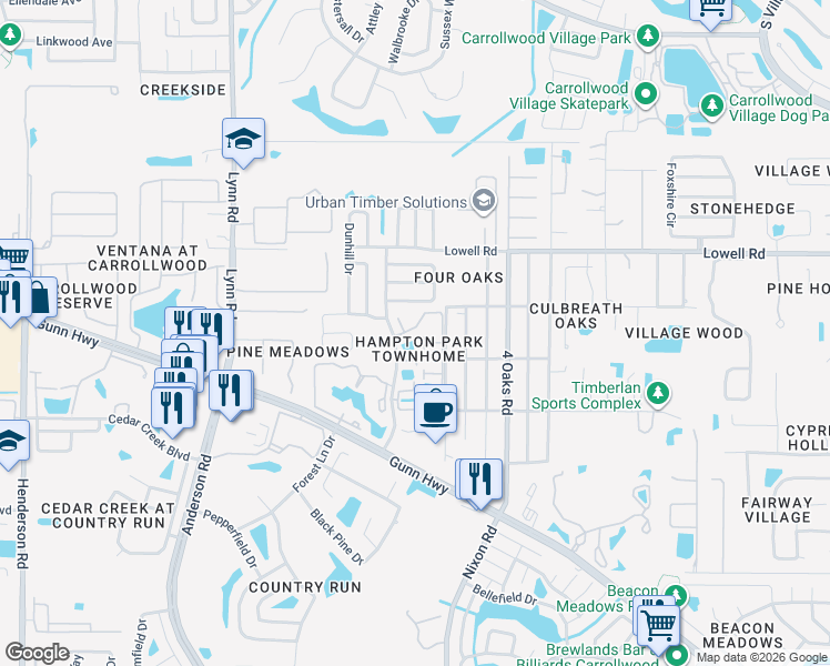 map of restaurants, bars, coffee shops, grocery stores, and more near 12668 Castle Hill Drive in Tampa