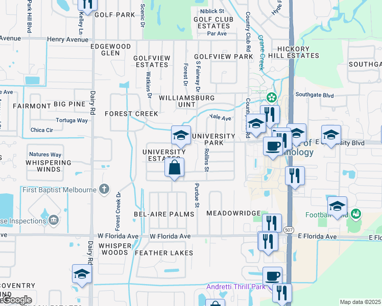 map of restaurants, bars, coffee shops, grocery stores, and more near 500 West University Boulevard in Melbourne