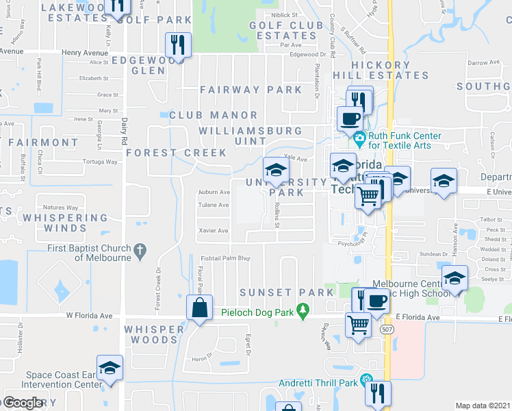 map of restaurants, bars, coffee shops, grocery stores, and more near 500 West University Boulevard in Melbourne
