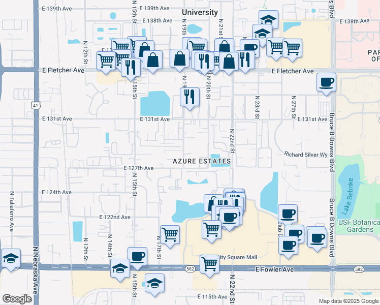 map of restaurants, bars, coffee shops, grocery stores, and more near 12717 North 19th Street in Tampa