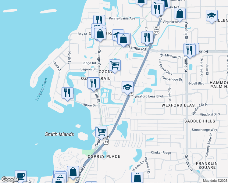 map of restaurants, bars, coffee shops, grocery stores, and more near U.S. 19 Alternate in Palm Harbor