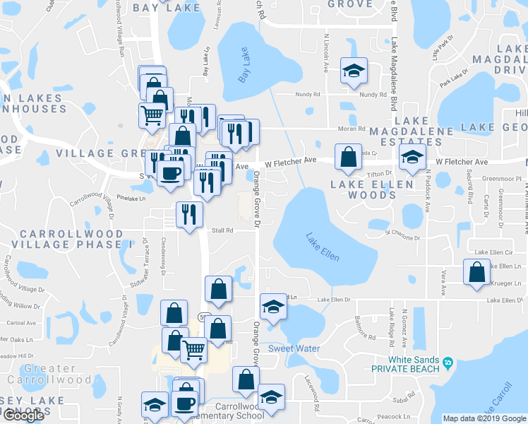 map of restaurants, bars, coffee shops, grocery stores, and more near 3511 Heards Ferry Drive in Tampa