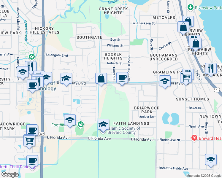 map of restaurants, bars, coffee shops, grocery stores, and more near 665 East University Boulevard in Melbourne