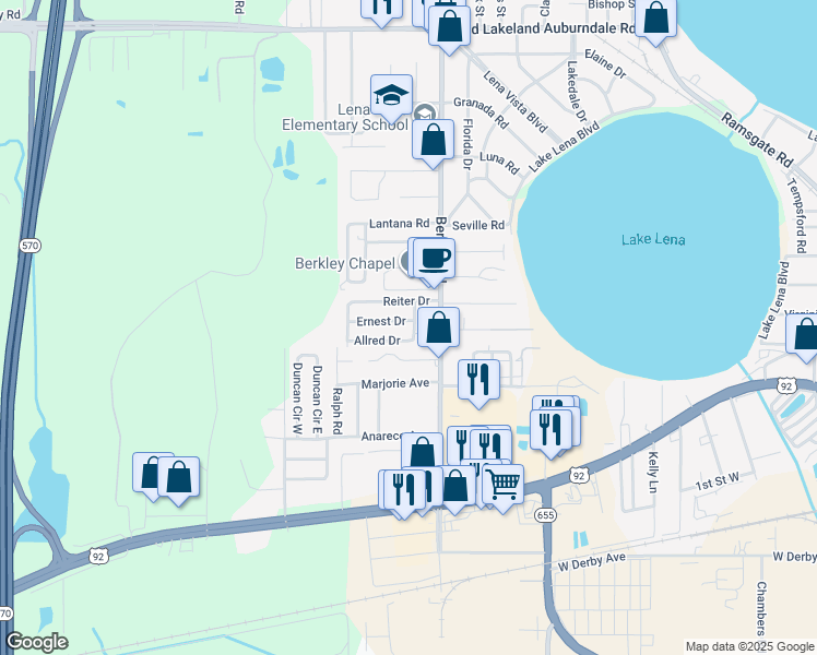map of restaurants, bars, coffee shops, grocery stores, and more near 3011 Ernest Drive in Auburndale