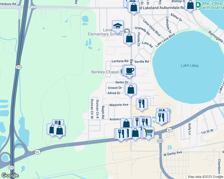 map of restaurants, bars, coffee shops, grocery stores, and more near 3021 Ernest Drive in Auburndale