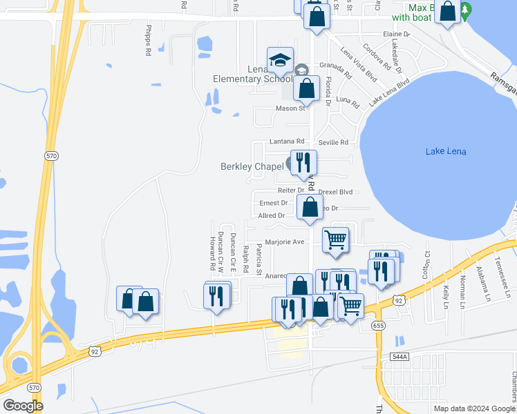 map of restaurants, bars, coffee shops, grocery stores, and more near 3021 Ernest Drive in Auburndale