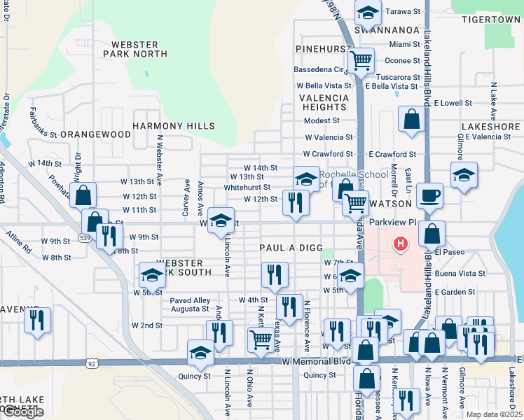 map of restaurants, bars, coffee shops, grocery stores, and more near 614 West 12th Street in Lakeland