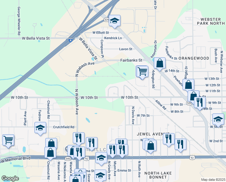 map of restaurants, bars, coffee shops, grocery stores, and more near 1919 West 10th Street in Lakeland