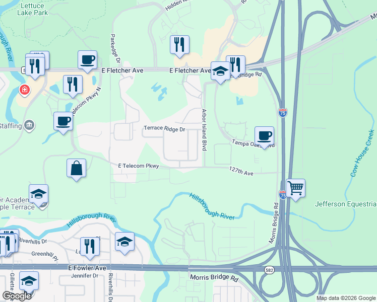 map of restaurants, bars, coffee shops, grocery stores, and more near 13013 Terrace Brook Place in Tampa