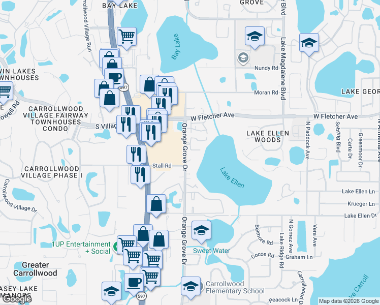 map of restaurants, bars, coffee shops, grocery stores, and more near 3504 Heards Ferry Drive in Tampa