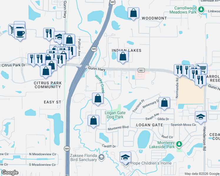 map of restaurants, bars, coffee shops, grocery stores, and more near 6630 Citrus Creek Lane in Tampa