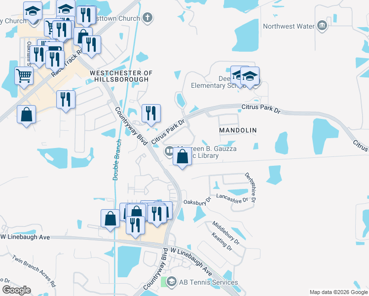 map of restaurants, bars, coffee shops, grocery stores, and more near 11077 Windsor Place Circle in Tampa